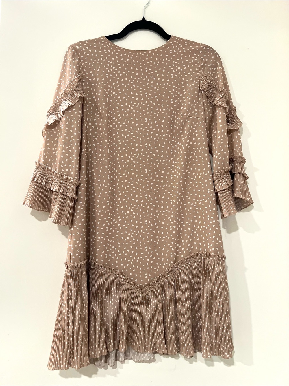 Pink Lily Taupe Polka Dot Ruffle Long Sleeve Dress